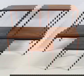 Midcentury Danish Teak Furniture Grouping.: To include a coffee table (17.5" h x 59.25" w x 20" d), a pair of tables (21.75" h x 22.75" w x 15.25" d) and a smaller table (18.5" h x 17.25" x 15.25").