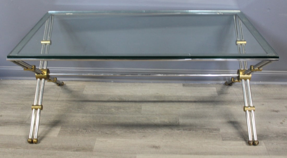 Midcentury John Vesey Chrome & Brass Dining Table: John Vesey, American (Born 1924). X Base brass and polished chrome table. From a Stonington CT estate. - Dimensions: 28.5" h x 66" w x36" d.