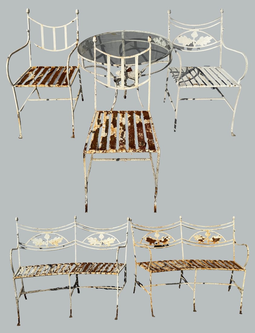 Antique White Painted Iron Settees,Table & 3: Chairs . Sturdy and nice lines and pattern . The settees and chair and table and 2 chairs .Dimensions: Table (28"h x 30"d ) Chairs (36"h x 21"d x 18"w) Chair (36"h x 22&q