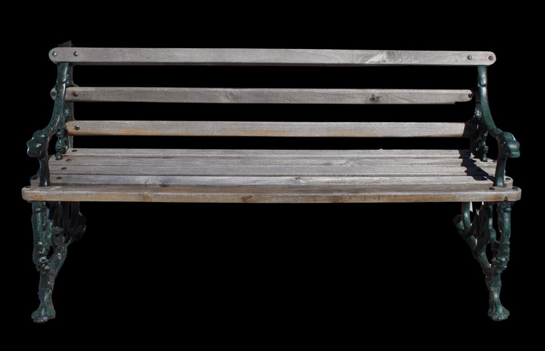 Antique Patinated Iron Bench With Wood Slats.: Great quality, heavy duty with dog head handles and claw feet. From a CT estate. - Dimensions: 30"h x 23"d x 63"w