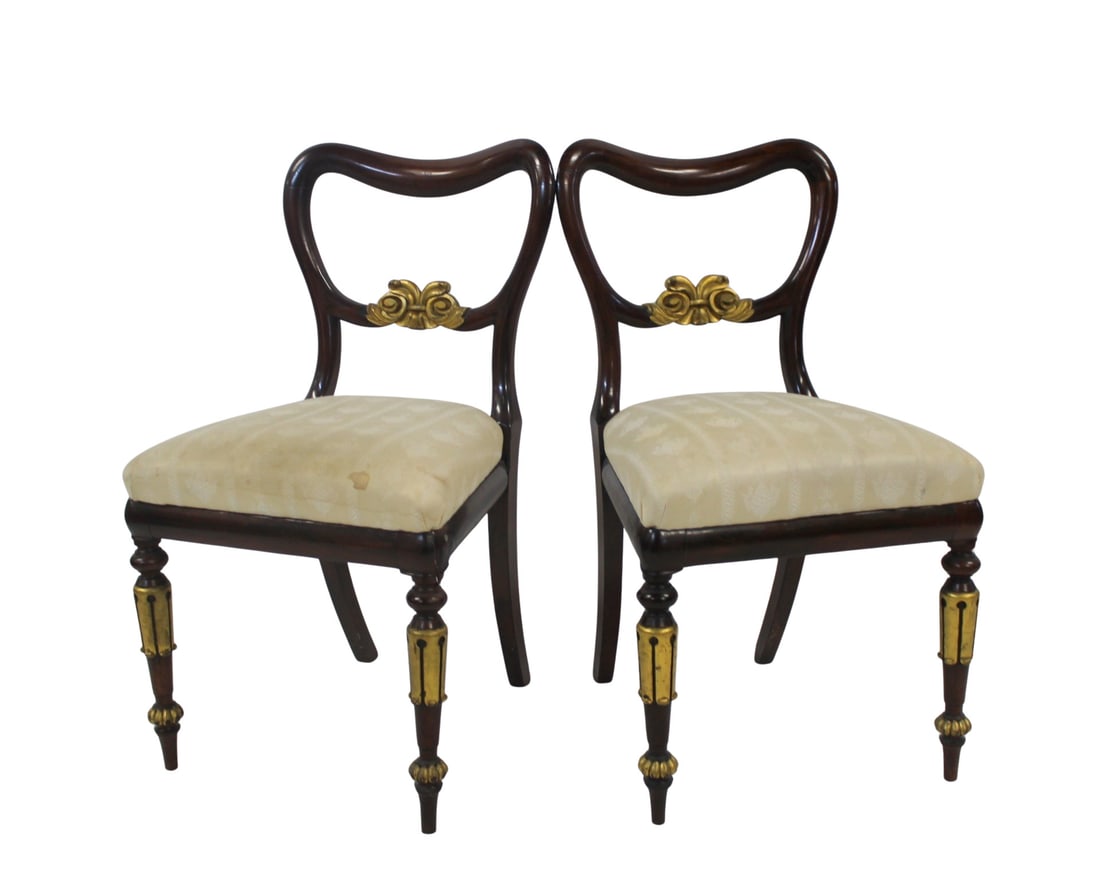 An Antique Pair Of Russian Rosewood Balloon Back: Chairs. A nice pair, carved and with gilt decoration. From a New Rochelle NY estate. - Dimensions: 34.25" h x 18.5" w x 17" d.