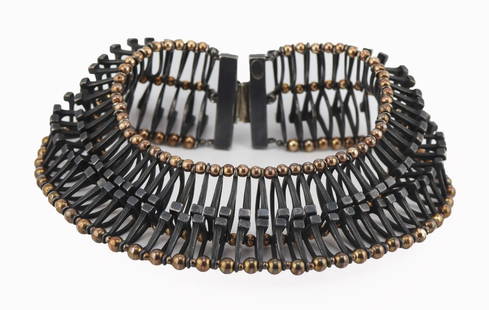 JEWELRY. William de Lillo and Robert Clark Silver: and Gold Necklace. William de Lillo and Robert Clark of interlocking silver nail head design with circular gold beads. Etched signature of, "W de Lillo/R F Clark #2"; with a second applied o