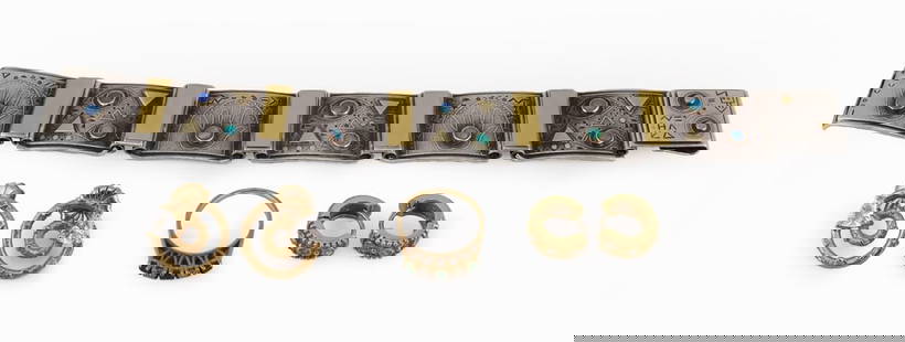 JEWELRY. Collection of Gold and Silver Jewelry.: Included a signed 18kt yellow gold, sterling and opal bracelet - stamped verso, "P.D.O. Sterling 18K"; a 14kt yellow gold band ring displaying (3) round faceted emeralds and (2) round facete
