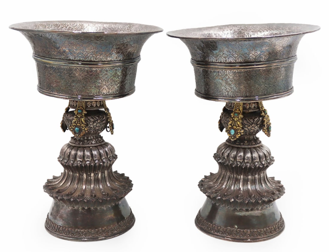 SILVER. Pair of Large Tibetan Silver Butter Lamps. (1 of 9)