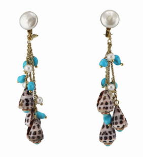 JEWELRY. Pair of MAZ 14kt Gold Turquoise Pearl and: Shell Earrings. Pair of 14kt yellow gold clip-on earrings displaying a button pearl suspending (3) 14kt yellow gold chain link drops decorated with pearls, polished turquoise pendants and each chain t