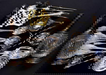 SILVER. Grouping of English and Continental Silver: Including a well-executed English silver figural strainer with an engraved Baron coronet over a cypher monogram; (2) assorted English silver serving pieces; a pair of English silver over-the-cup tea s
