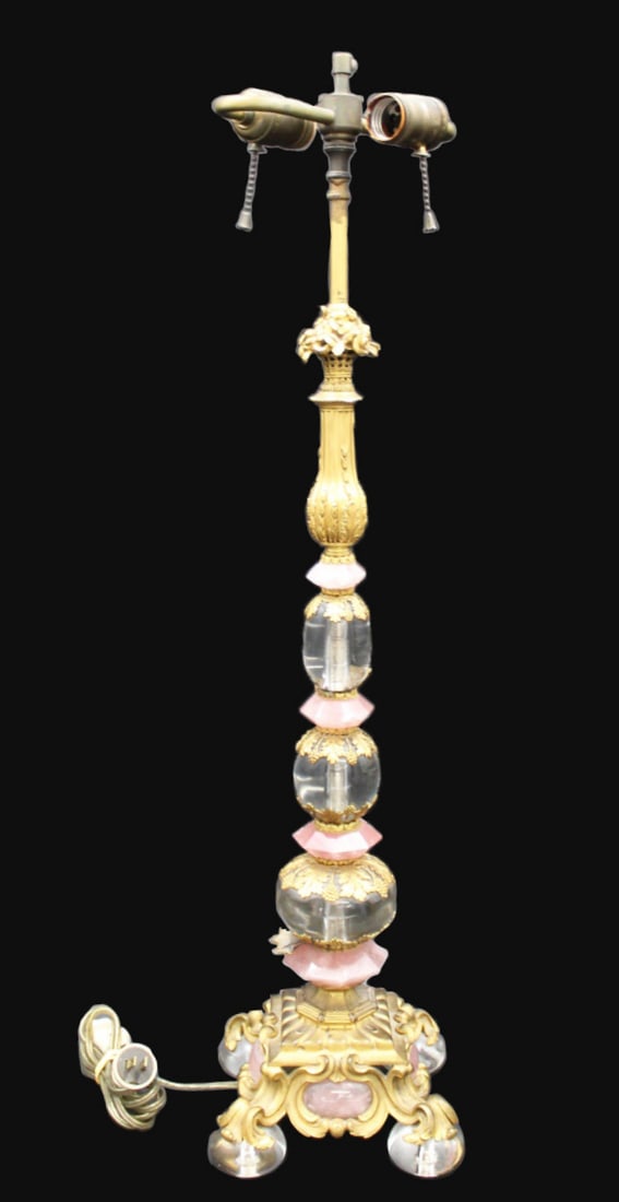 Art Deco Bronze Lamp with Rose Quartz & Glass (1 of 11)