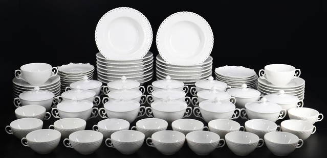 Large Royal Copenhagen Porcelain Service.: Includes (17) soup bowls; (14) dessert plates; (10) appetizer plates; (10) saucers; (18) double handled cups; (16) lids; and (17) teacups. From a Greenwich, CT estate. Dimensions: soup bowl measures a