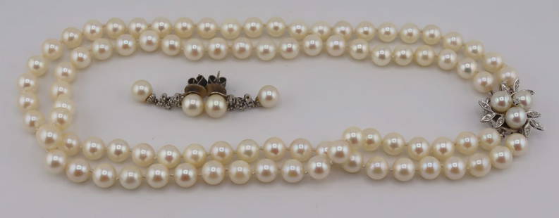 JEWELRY. 14kt Gold and Pearl Jewelry Grouping.: Includes a vintage B&F double strand necklace of individually knotted pearls with a 14kt white gold foliate form clasp comprised of (3) pearls and pave diamond accents - stamped, "A B&F 1