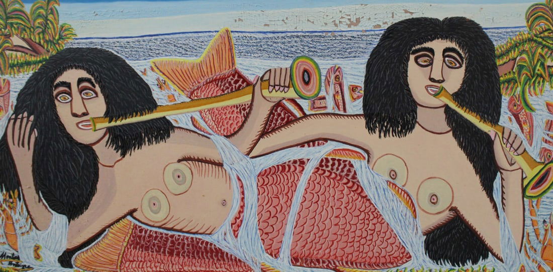 MONTAS ANTOINE (Haiti, 1926-1988).: Oil on masonite. Signed lower left. From a Scarsdale, NY estate. - Dimensions: 24" x 48" and Framed: 26" x 50".