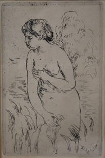 PIERRE AUGUSTE RENOIR (French, 1841-1919).: "Baigneuse debout, a mi-jambes". Etching framed behind glass. From a Massachusetts estate. - Dimensions: 7" x 4.5" & Framed: 16" x 10".