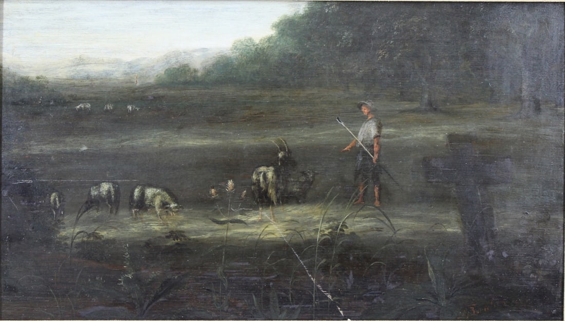 Manner of Nicholaes P. Berchem (1620 - 1683): Netherlands, Italy, Holland. Oil on Panel of a boy with goats. Lightly signed and dated, N. Berchem. From a New Rochelle, NY Collector. Dimensions: 18.75" x 11.25" & Framed 22" x 15".