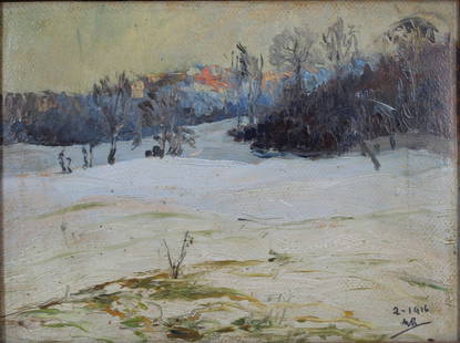 Oil On Board. Monogrammed. Winter Landscape.: Oil on board of an impressionist Winter scene. Signed with initials MA or EA? and dated 1916. From a New Rochelle, NY collector. Dimensions: 8.75" x 6.25" & Framed: 11.25" 9.25"