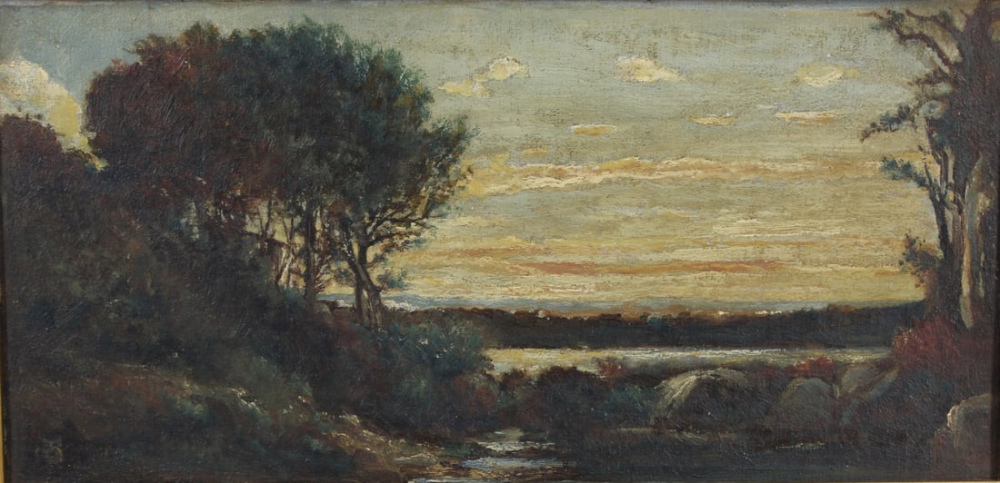 Oil On Board. Monogrammed. Landscape.: Oil on board of impressionist landscape with tree. Monogrammed lower left side. From a New Rochelle NY collector. Dimensions: 7.25" x 15.25" & Framed: 10.25" x 18".