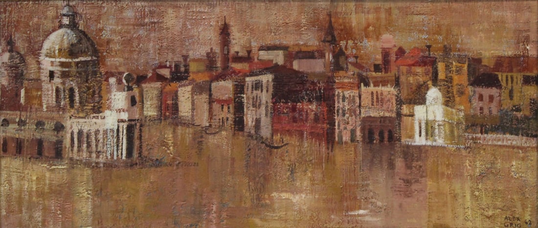 ALEX GRIG (USA Born 1935) Oil On Canvas: "Town". Oil on canvas. Signed and dated Lower Right. From an Ossining NY estate. Dimensions: 31.5" x 14" and Framed 34.25" x 16.5".