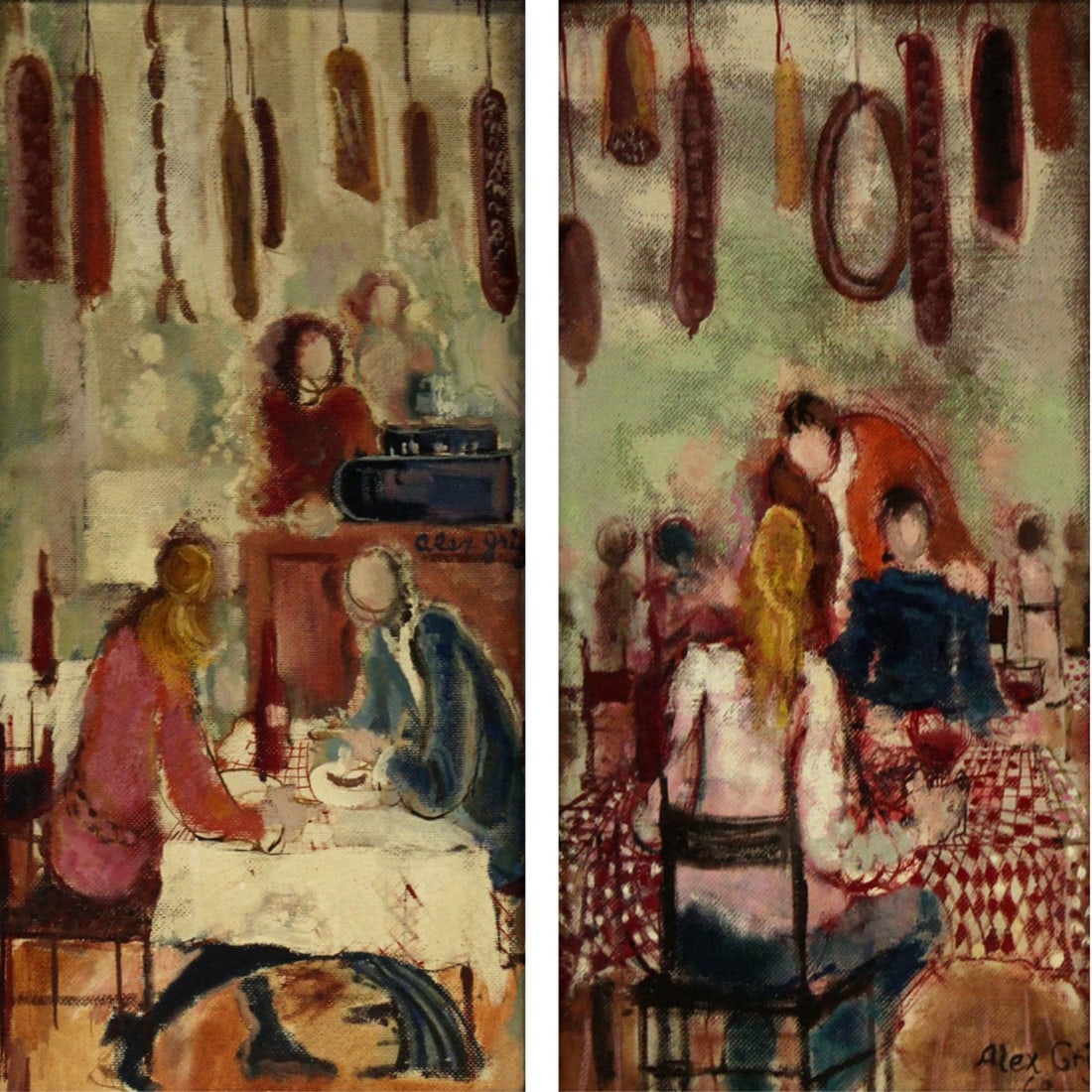 ALEX GRIG (USA Born 1935) Oil On Canvas [2 Works]: 2 works of seated couple at cafe. Both oil on canvas, signed. From an Ossining NY estate. - Dimensions: 24" x 12" & Framed 27.25" x 15.25".