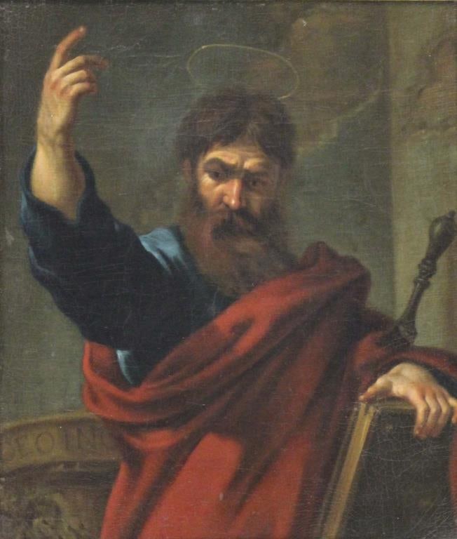 18th Century Portrait Of A Saint: Unsigned Oil on Canvas. Portrait possible of Saint Paul. From a Larchmont NY estate. - Dimensions: 13" x 11" & Framed 15" x 13"