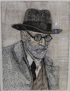 DAN MILLER SIGMUND FREUD: Woodcut of Sigmund Freud by Dan Miller . Edition 41/50 behind glass not examined out of glass. From a New Milford CT estate. - Dimensions: 16" x 12" & Framed 23" x 19"
