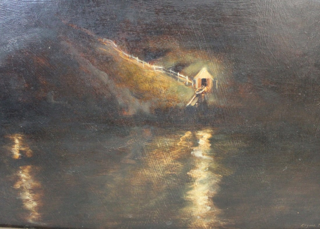 KUZMA OIL ON MASONITE: Signed lower right Kuzma. Oil on Masonite. "Lost Dawn" Jan '75. From a NYC estate. - Dimensions: 14" x 15.50" & Framed 16" x 17"