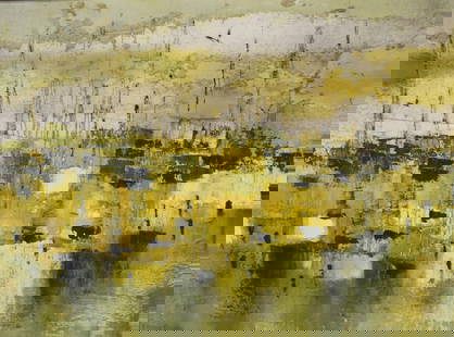 ILLEGIBLY Signed Oil / Mixed Media On Canvas: "Gold Boats", signed lr left and titled verso. From a Mamaroneck NY estate. - Dimensions: 36" x 50" & Framed 38" x 52"