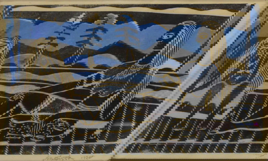 John Murray Barton (1921 - 2000): Woodblock print, signed. From a Greenwich CT estate. - Dimensions: 7.5" x 12" & Framed 13" x 21.5"