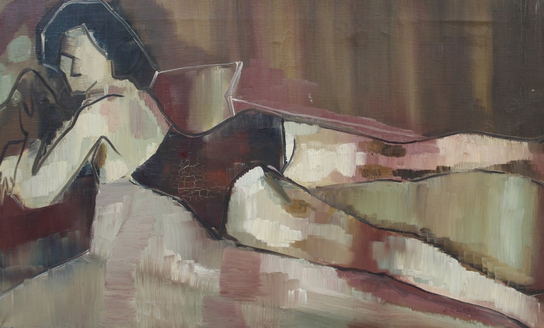 F.B. SYBILL 1967 Signed Oil On Canvas.: Reclining beauty. Oil on canvas, signed and dated. From a NYC estate.