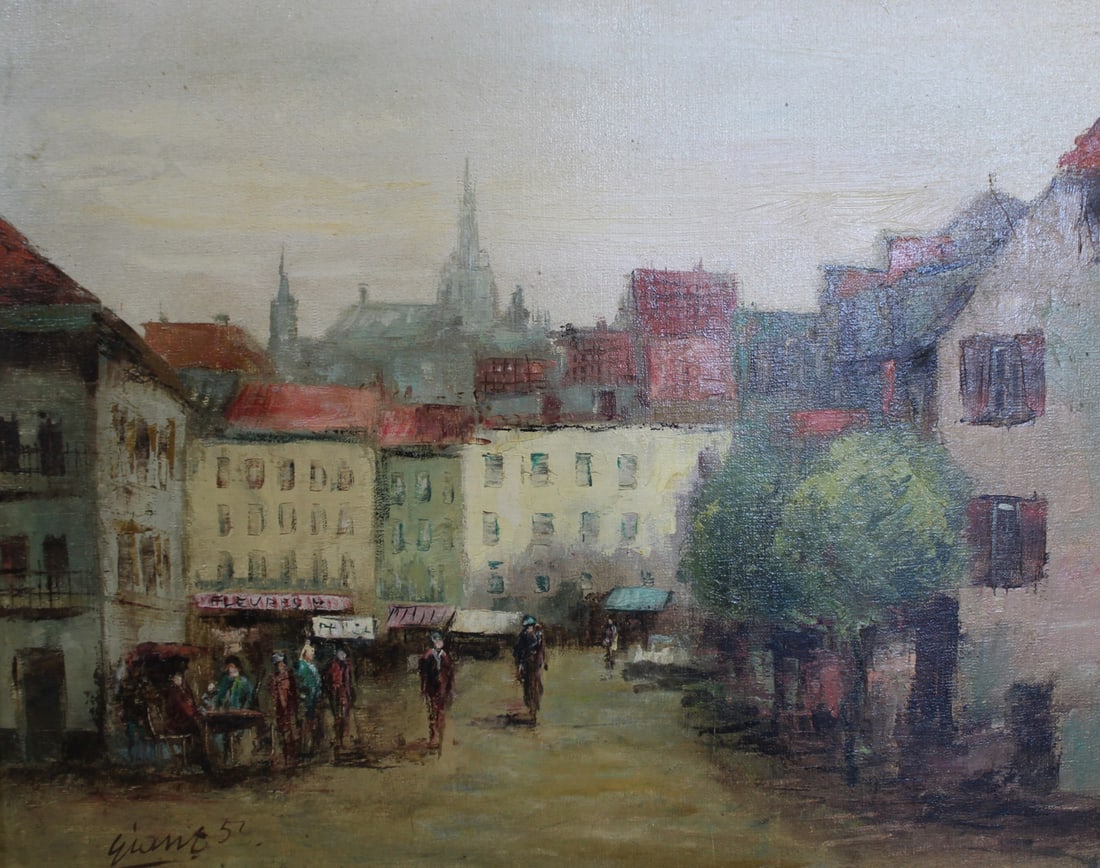 ILLEGIBLY Signed Oil On Masonite .: Continental market scene . Signed and dated 56 lr left . From a Westchester estate . - Dimensions: 16"x20" frame 24"x27.5"