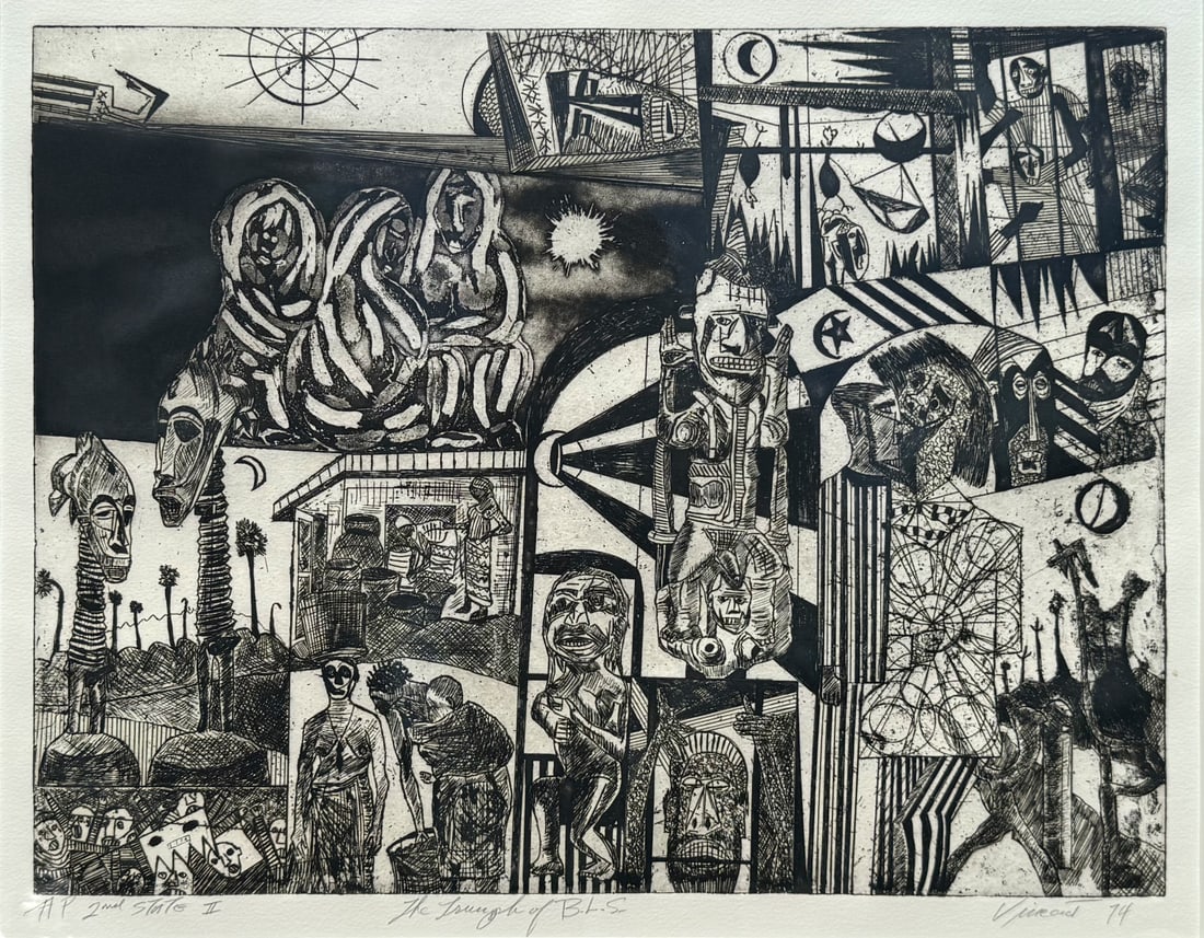 VINCENT SMITH (African/American, 1929-2003).: "The triumph of B.L.S.". A.P etching. Signed, titled, and dated, "1973". From the estate of Vincent D. Smith. - Dimensions: 13.75" x 17.75" Framed 24" x 27"
