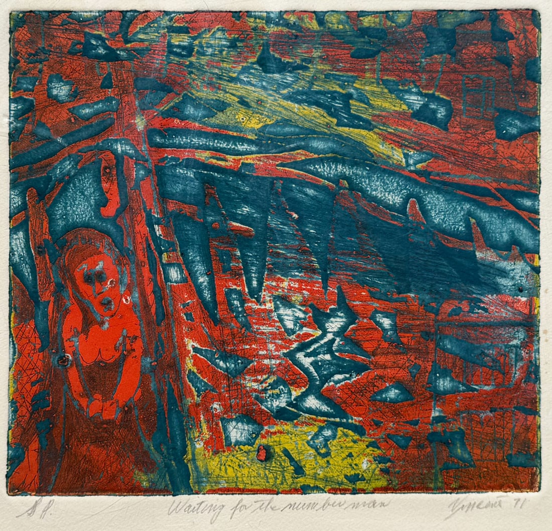 VINCENT SMITH (African/American, 1929-2003).: "Waiting for the number man". AP Etching. Signed, titled, and dated, "1971". From the estate of Vincent D. Smith. - Dimensions: 9"x 10" & Matte 19" x 22"