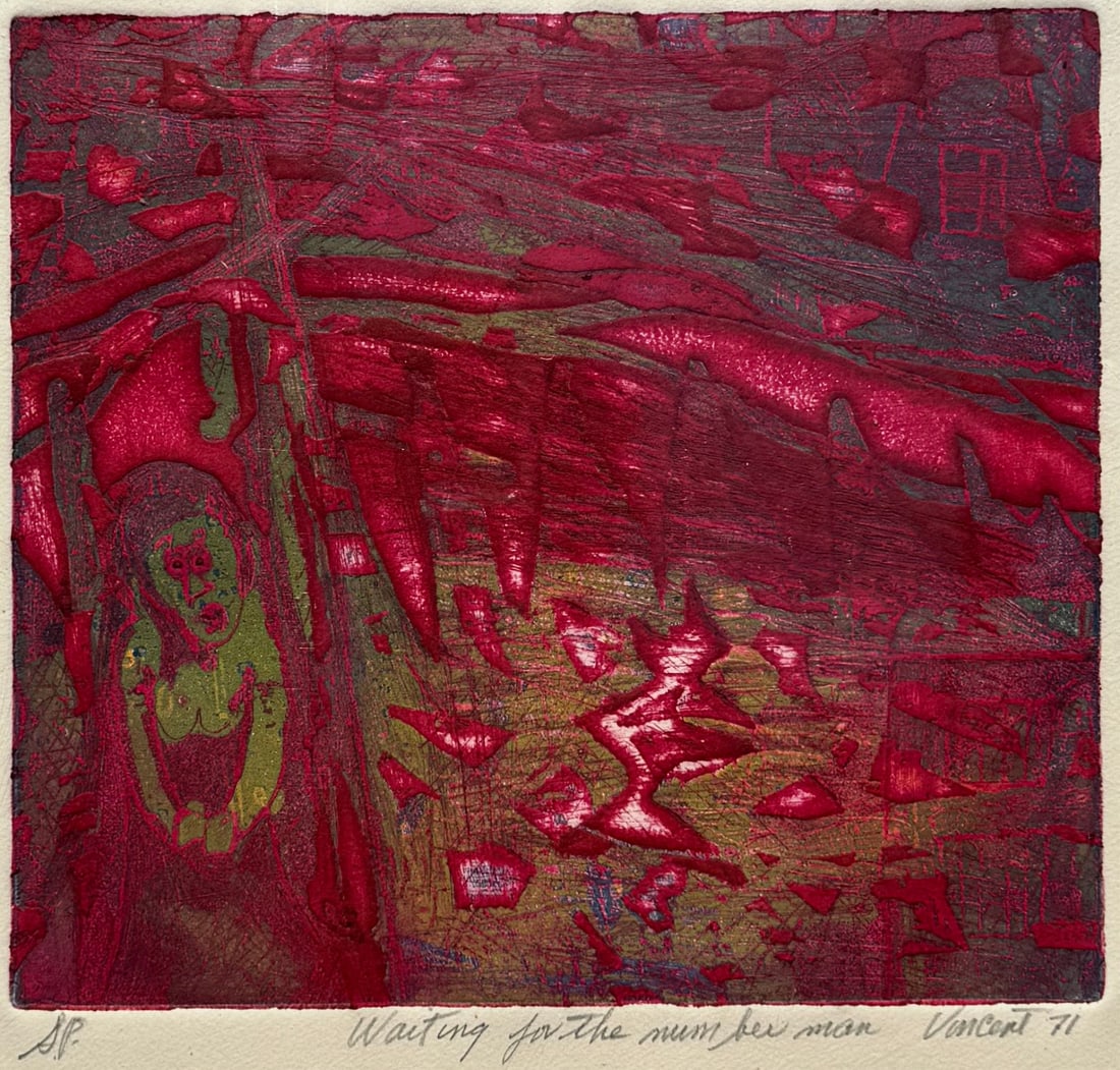 VINCENT SMITH (African/American, 1929-2003).: "Waiting for the number man". AP Etching. Signed, titled, and dated, "1971". From the estate of Vincent D. Smith. - Dimensions: 9" x10" & Matte 20" x 21"