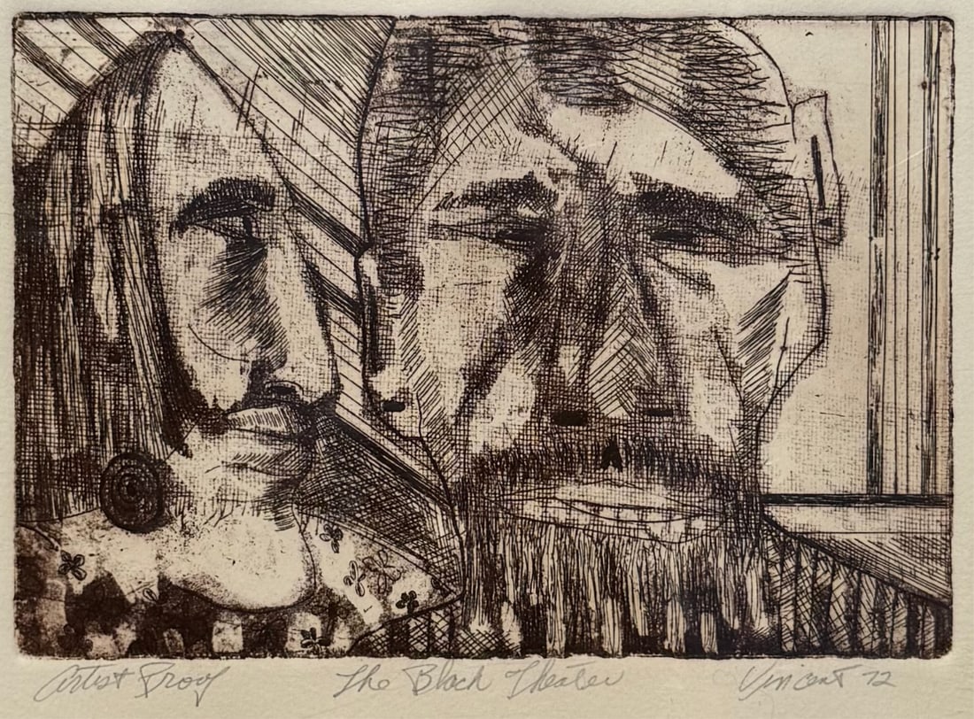 VINCENT SMITH (African/American, 1929-2003).: "The black theater". AP. Signed, titled, and dated, "1972". From the estate of Vincent D. Smith. - Dimensions: 6" x 8.75" & Matte 19" x 20"