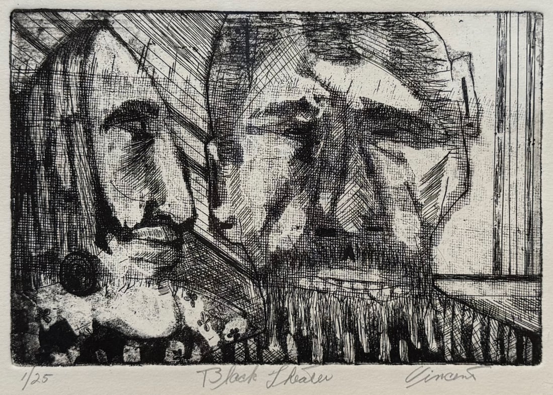 VINCENT SMITH (African/American, 1929-2003).: "The Black Theatre". Etching. Numbered, "1 of 25". Signed, titled, and dated, "1966". From the estate of Vincent D. Smith. - Dimensions: 6" x 9" frame 15" x 16"