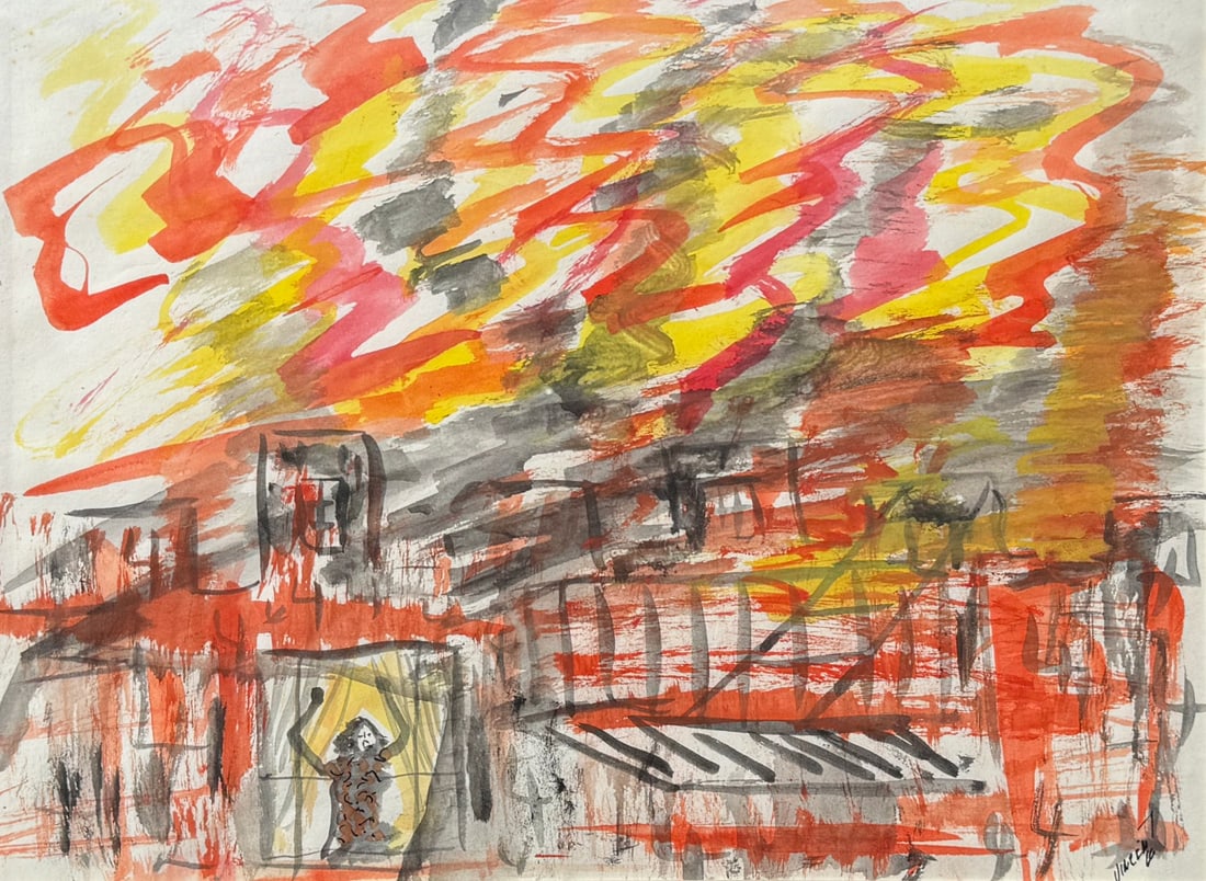 VINCENT SMITH (African/American, 1929-2003).: "Fire". Gouache. Signed, titled, and dated, "1966". From the estate of Vincent D. Smith. - Dimensions: 8.5" x 11.5" & Framed 14" x 17"