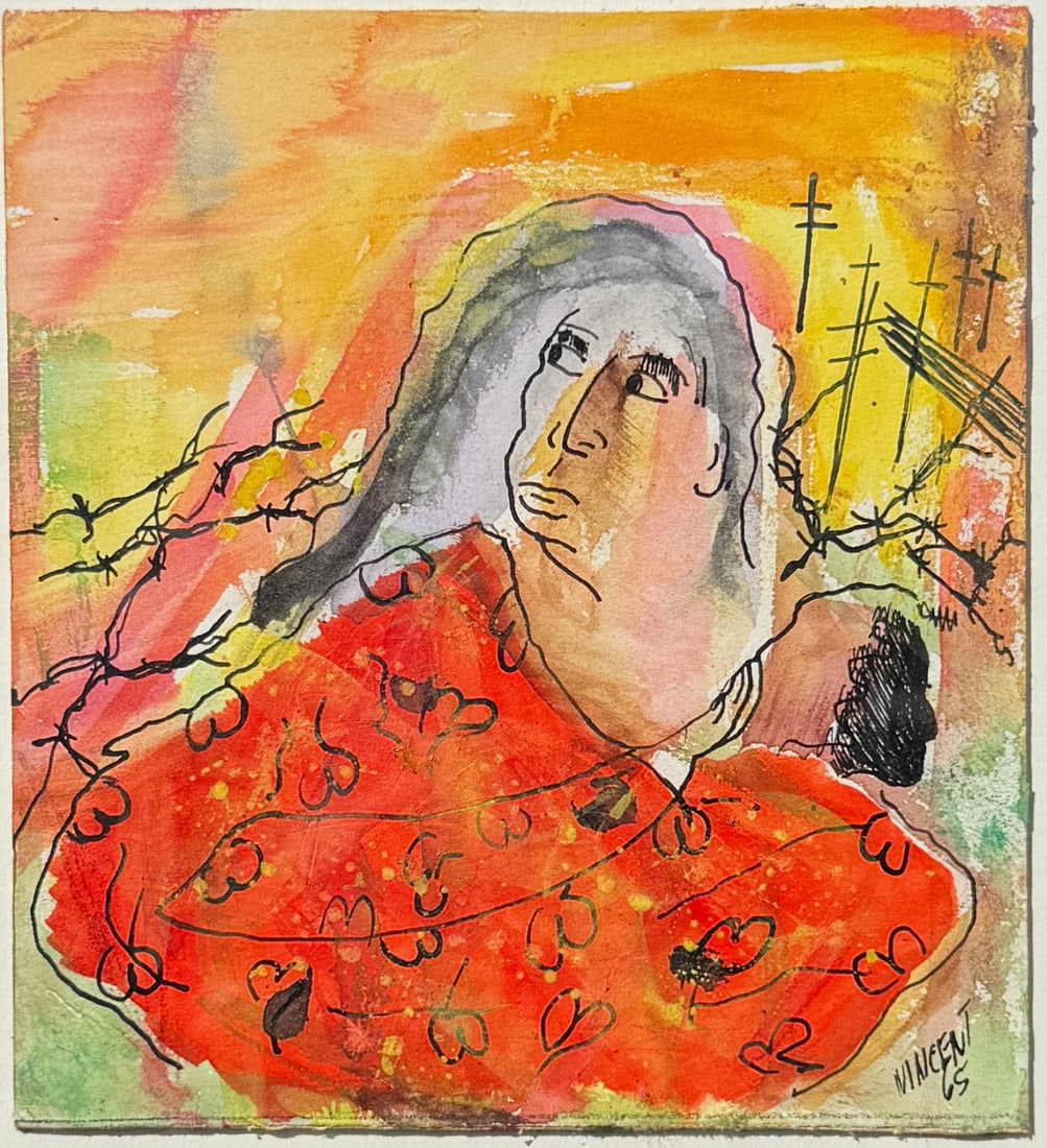 VINCENT SMITH (African/American, 1929-2003).: "Refuge". Pen and watercolor. Signed, titled, and dated, "1965". From the estate of Vincent D. Smith. - Dimensions: 6" x 5.5" & Framed 14.5" x 12"