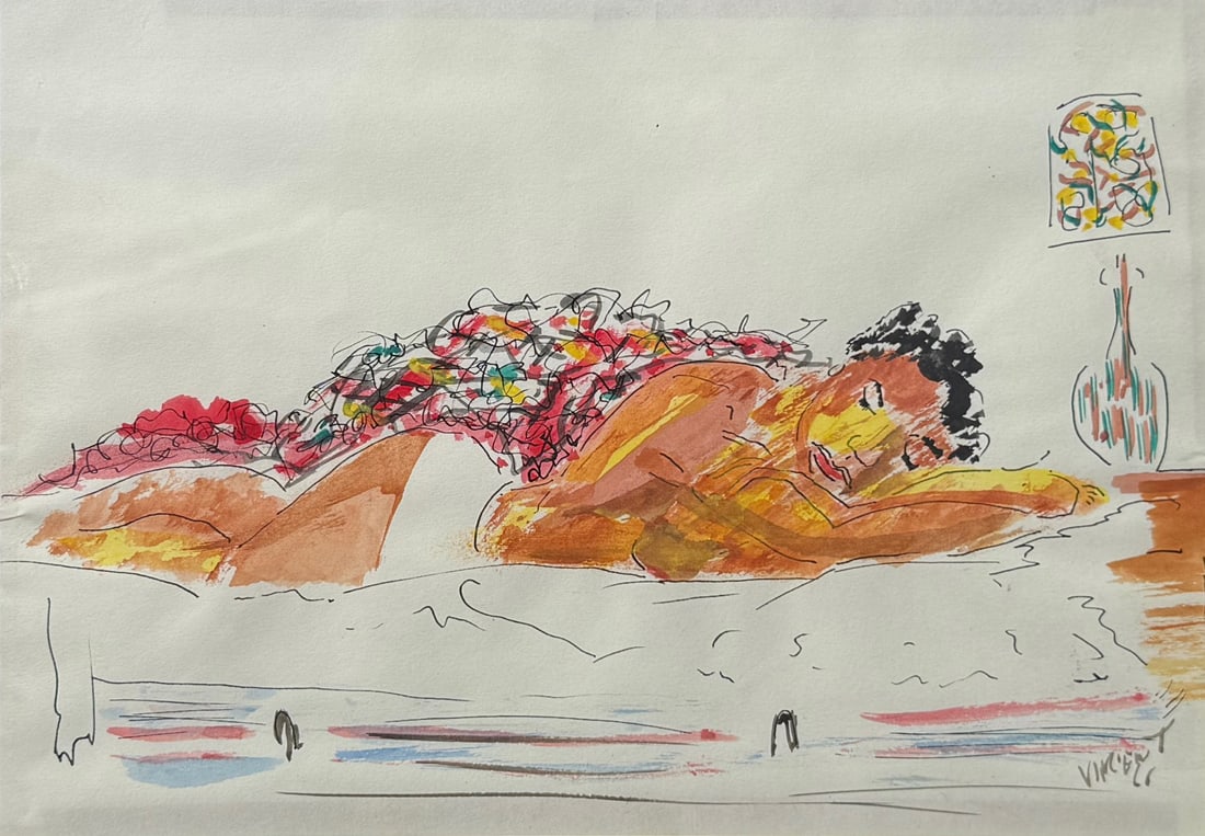 VINCENT SMITH (African/American, 1929-2003).: "Siesta". Pen and watercolor. Signed, titled, and dated, "1966". From the estate of Vincent D. Smith. - Dimensions: 8" x 11.5" & Framed 14.5" x 17"
