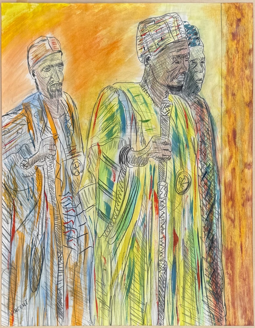 VINCENT SMITH (African/American, 1929-2003).: "Hausa Men In Nigeria". Gouache. Signed and titled with Larcada gallery label verso. From the estate of Vincent D. Smith. - Dimensions: 22" x 26.5" & Framed 26" x 30"