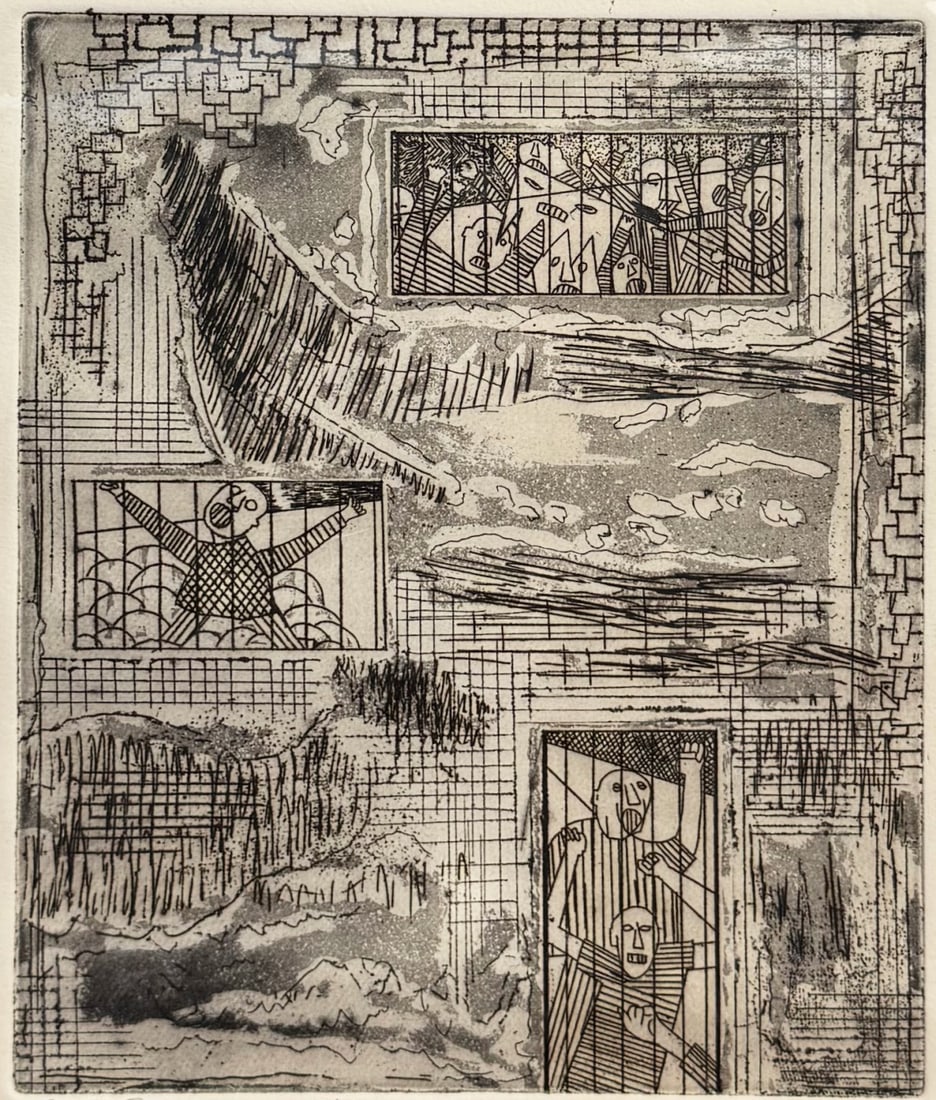 VINCENT SMITH (African/American, 1929-2003).: "War of Attrition". AP etching. Signed and titled. From the estate of Vincent D. Smith. - Dimensions: 12" x 10" & Matte 21" x 20"