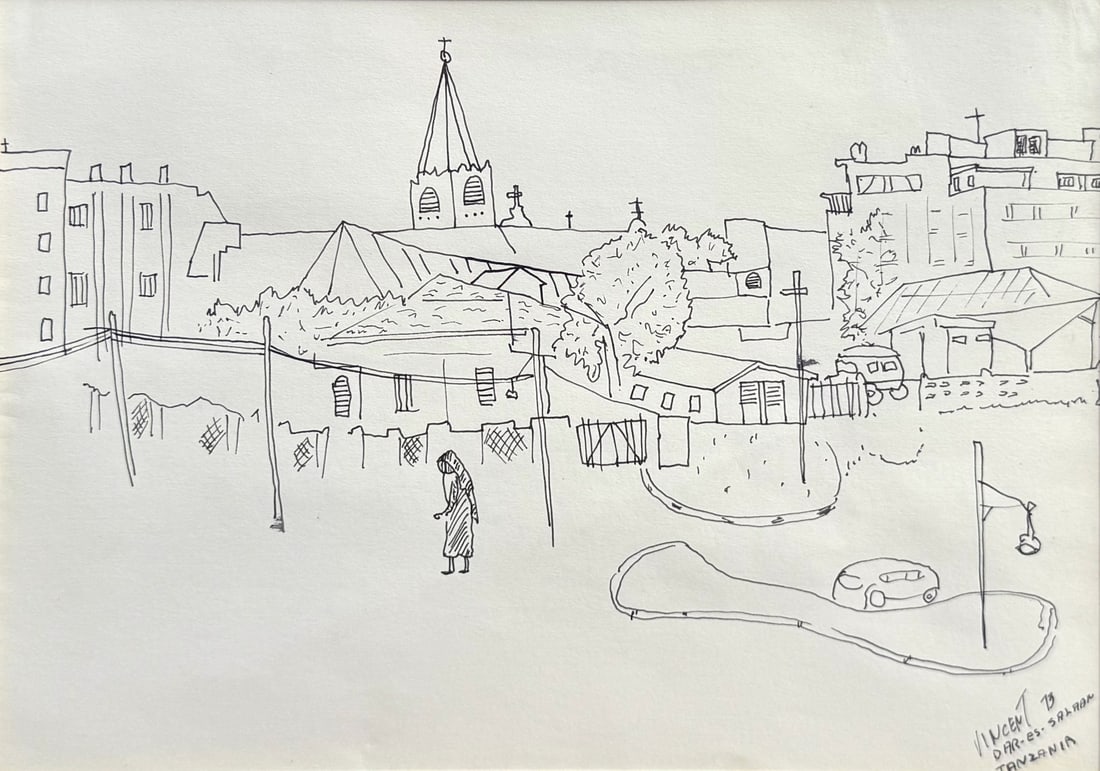 VINCENT SMITH (African/American, 1929-2003).: "Dar es Salaam". Ink drawing. Signed, titled, and dated, '73. From the estate of Vincent D. Smith. - Dimensions: 8.5" x 11.5" & Framed 14.5" x 17"
