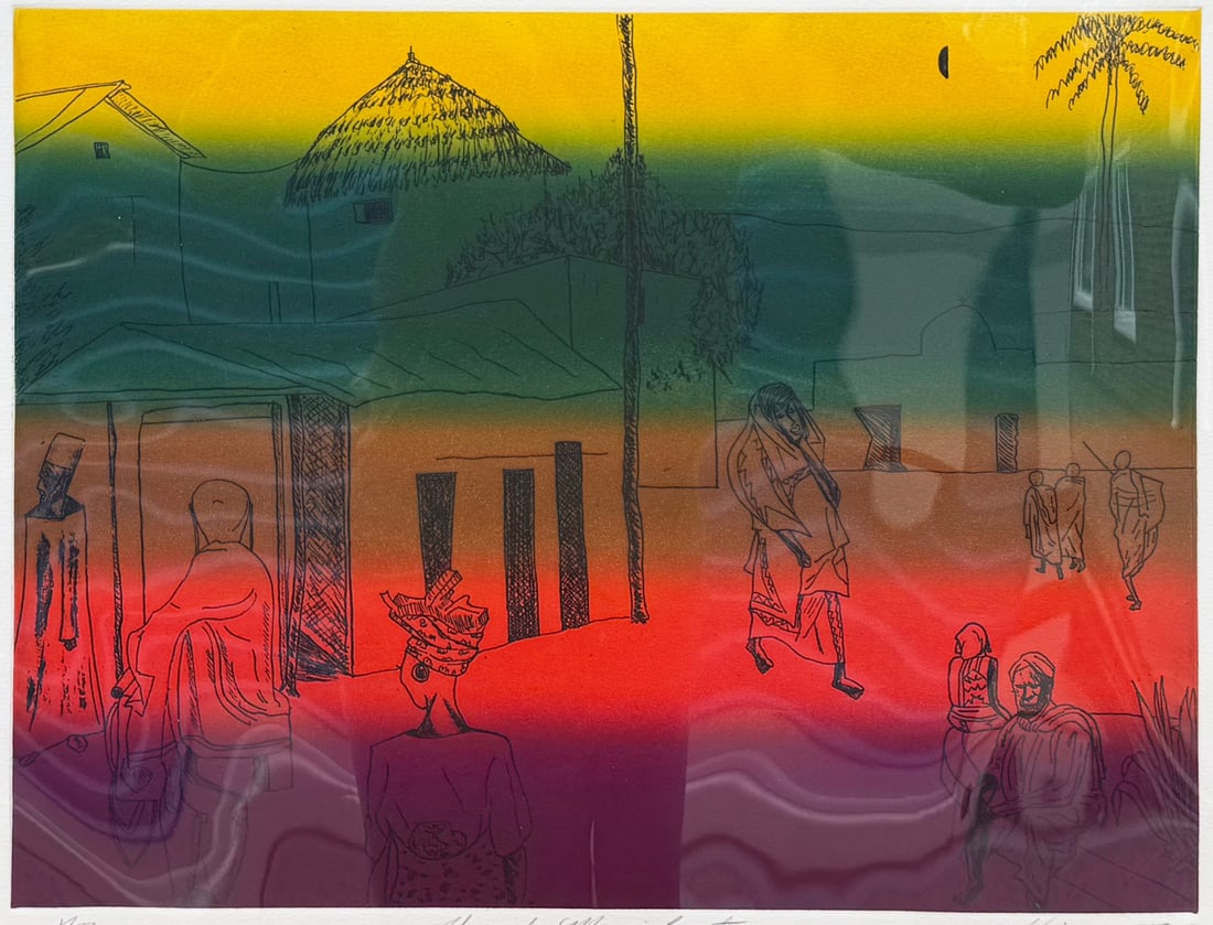 VINCENT SMITH (African/American, 1929-2003).: "Through Masai Country". Color etching, signed, titled and dated, 1975. From the estate of Vincent D. Smith. - Dimensions: 15" x 18" & Matte 24" x 31"