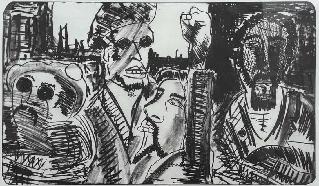 VINCENT SMITH (African/American, 1929-2003).: "Here We Stand". AP etching. Signed and titled. From the estate of Vincent D. Smith. - Dimensions: 13.5" x 21" & Framed 23" x 29"