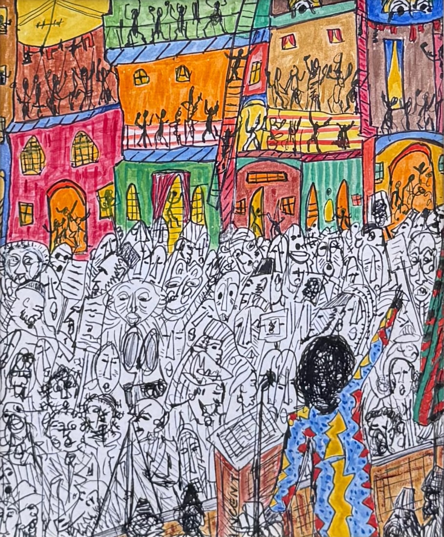 VINCENT SMITH (African/American, 1929-2003).: UNTITLED. Drawing in ink and color. Signed and with estate stamp. From the estate of Vincent D. Smith. - Dimensions: 5.75" x 4.75" & Framed 17" x 13"