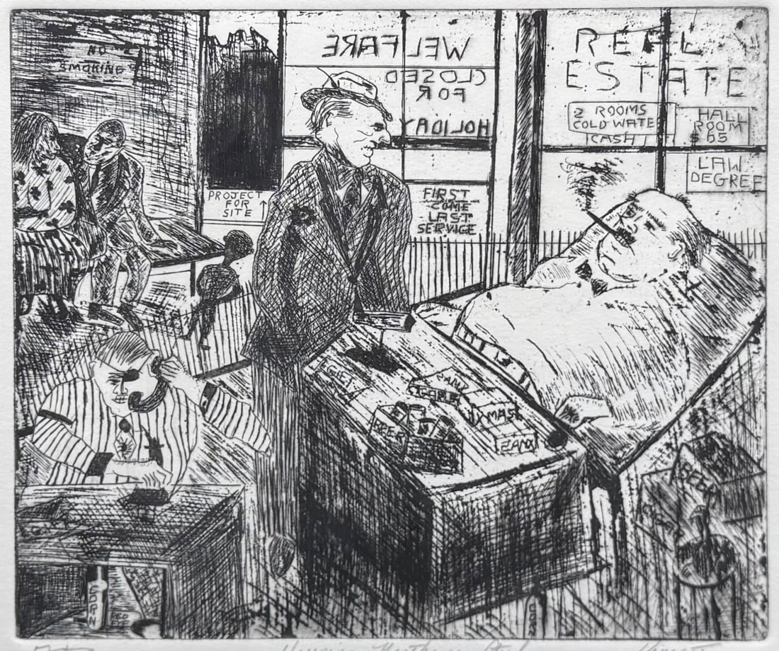 VINCENT SMITH (African/American, 1929-2003).: "Housing Northern Style". AP etching. Signed, titled, and dated, "77". From the estate of Vincent D. Smith. - Dimensions: 8.75" x 9.25" & Framed 16.5" x 16.5"