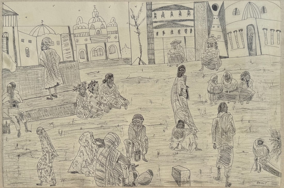 VINCENT SMITH (African/American, 1929-2003).: "The Megallah in the Walled City of Harar". Pencil. Signed and titled. From the estate of Vincent D. Smith. - Dimensions: 15" x 22" & Framed 22" x 28"