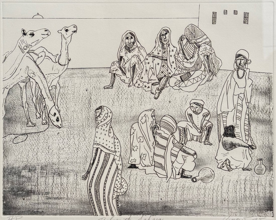 VINCENT SMITH (African/American, 1929-2003).: "Below the Sahara". AP etching, gallery label verso, signed, titled, and dated, 1975. From the estate of Vincent D. Smith. - Dimensions: 17" x 13.5" & Framed 24" x 26.5"