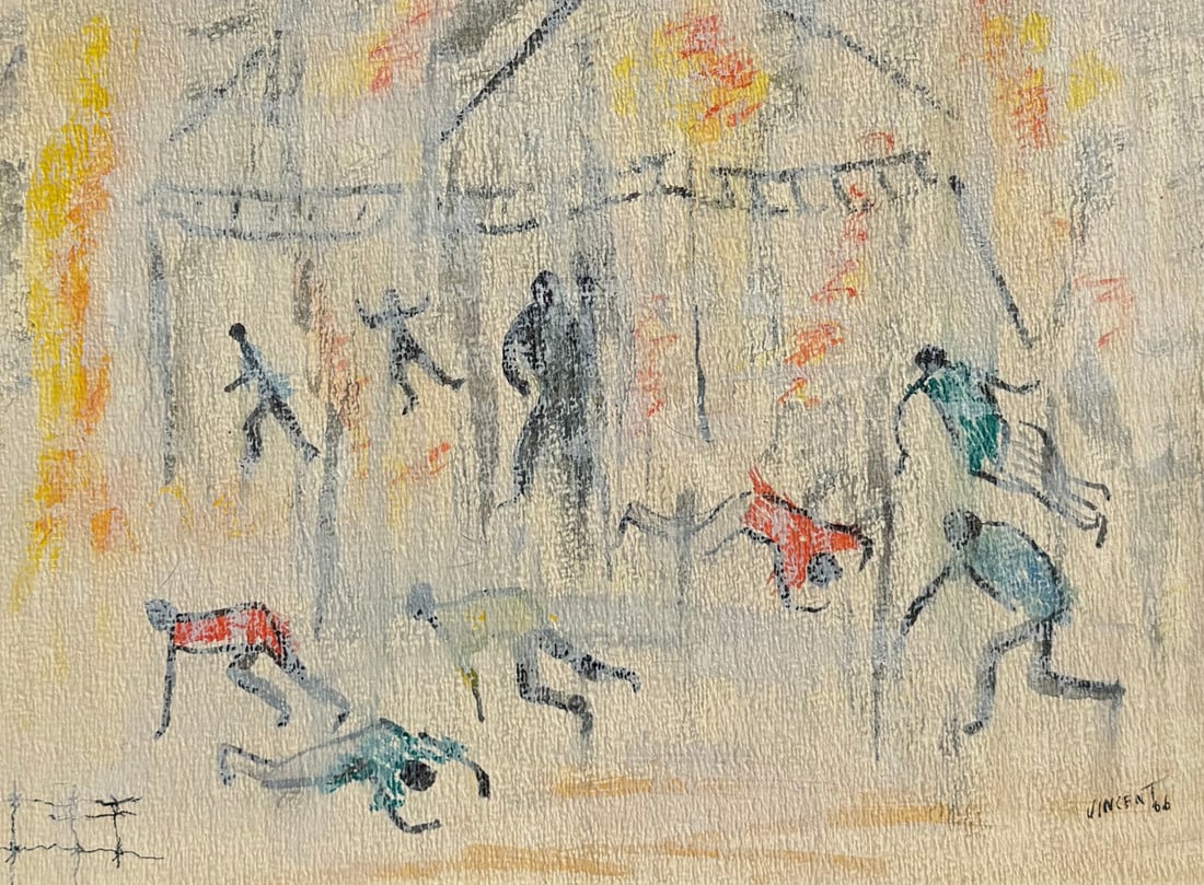 VINCENT SMITH (African/American, 1929-2003).: "Tear Gas". Watercolor. Signed, titled, and dated, "1960". From the estate of Vincent D. Smith. - Dimensions: 8.5" x 11.5" & Framed 14" x 17"