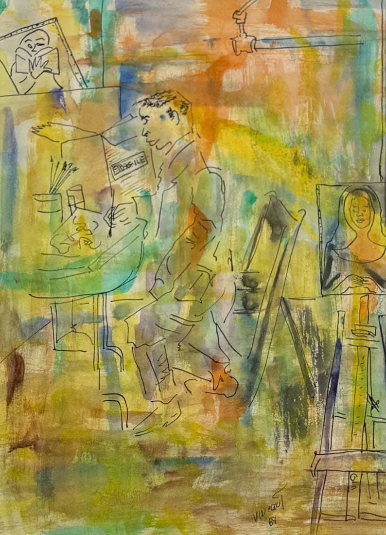 VINCENT SMITH (African/American, 1929-2003).: "In the studio". Pen and watercolor. Signed. Titled and dated, "1968". - Dimensions: 7.5" x 10.5" & Framed 17.5" x 14.5"