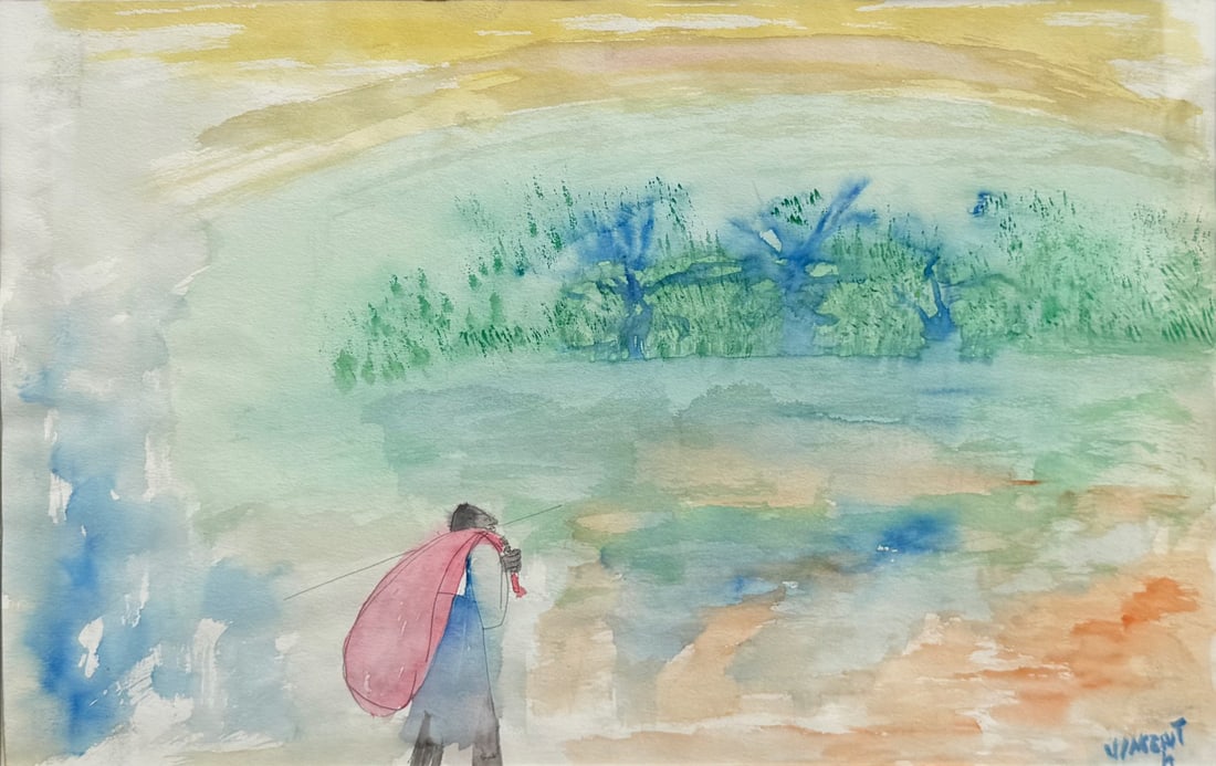 VINCENT SMITH (African/American, 1929-2003).: "Down At The Farm". Pen and watercolor. Signed, titled, and dated, "1964". From the estate of Vincent D. Smith. - Dimensions: 12" x 18" & Framed 19.5" x 25.5"