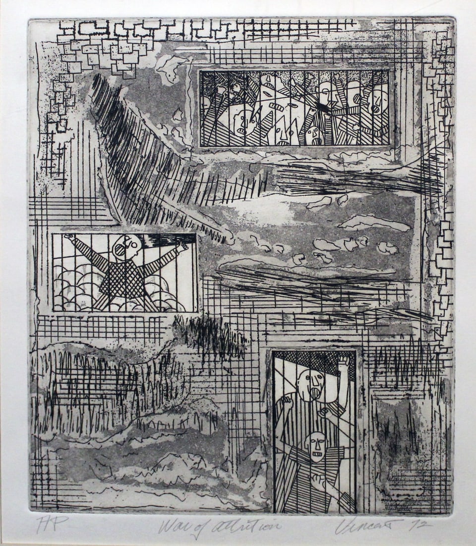 VINCENT SMITH (African/American, 1929-2003).: "War Of Attrition". AP etching. Signed, titled, and dated, 72". From the estate of Vincent D. Smith. - Dimensions: 11.5" x 9.5" & Framed 21" x 18".