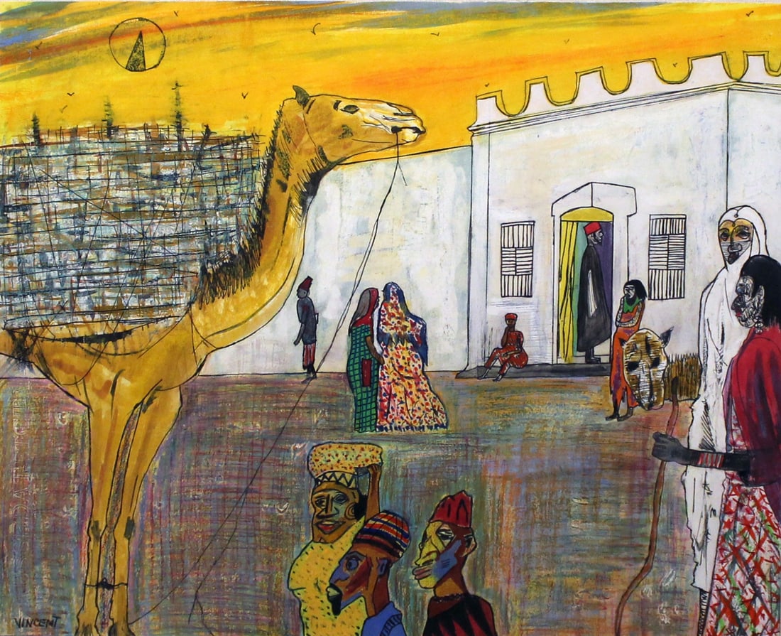 VINCENT SMITH (African/American, 1929-2003).: "Temple Of Illuminated Manuscripts". Gouache and oil pastel. Signed, titled, and dated with gallery label. From the estate of Vincent D. Smith. - Dimensions: 14.25" x 17.25" & Framed 23.5" x 25".