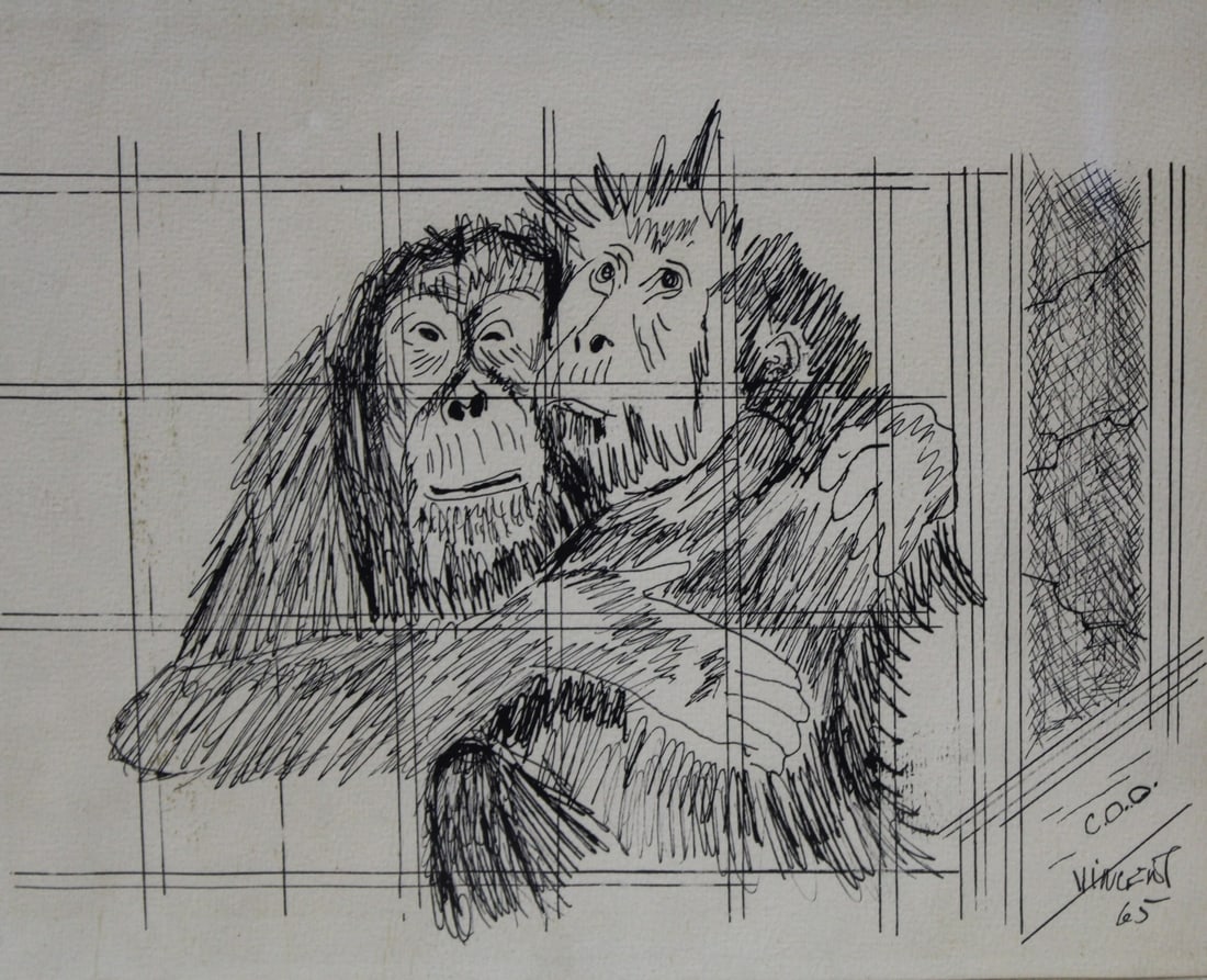 VINCENT SMITH (African/American, 1929-2003).: 'C.O.D.', Ink drawing. Signed and dated 1965. From the estate of Vincent D. Smith. - Dimensions: 8.75" x 10" & Framed 14.5" x 17"